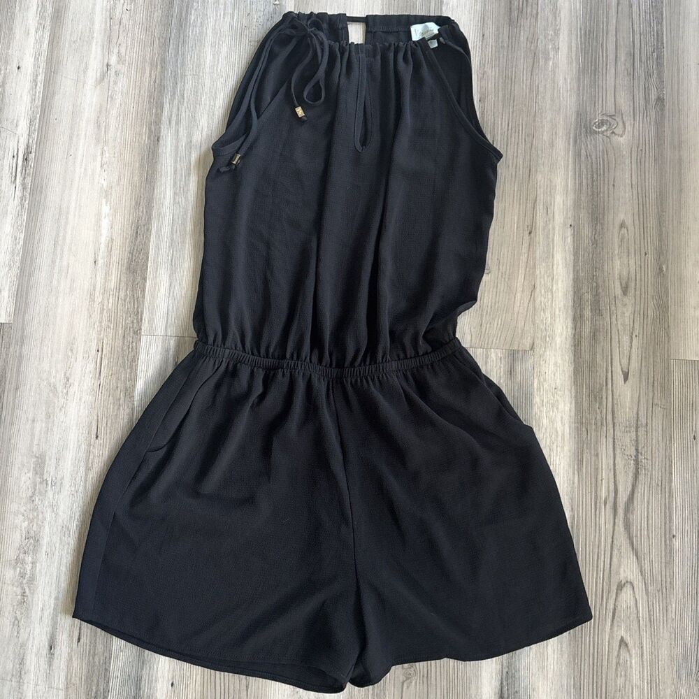 Veronica M Black Gold Romper Elastic Waist Pockets Size Small